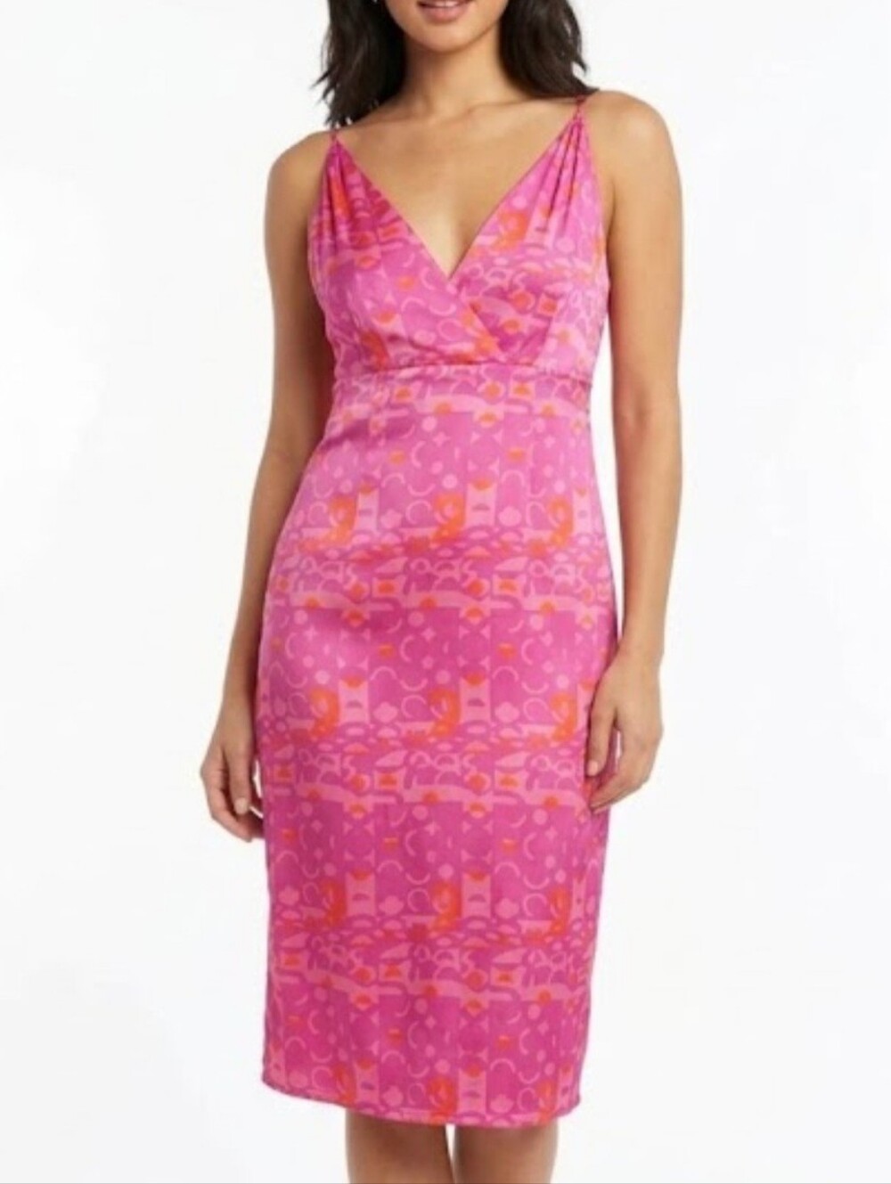 Kathlin Argiro Atelier Pink And Orange Abstract Midi Dress 100% Silk Size 12